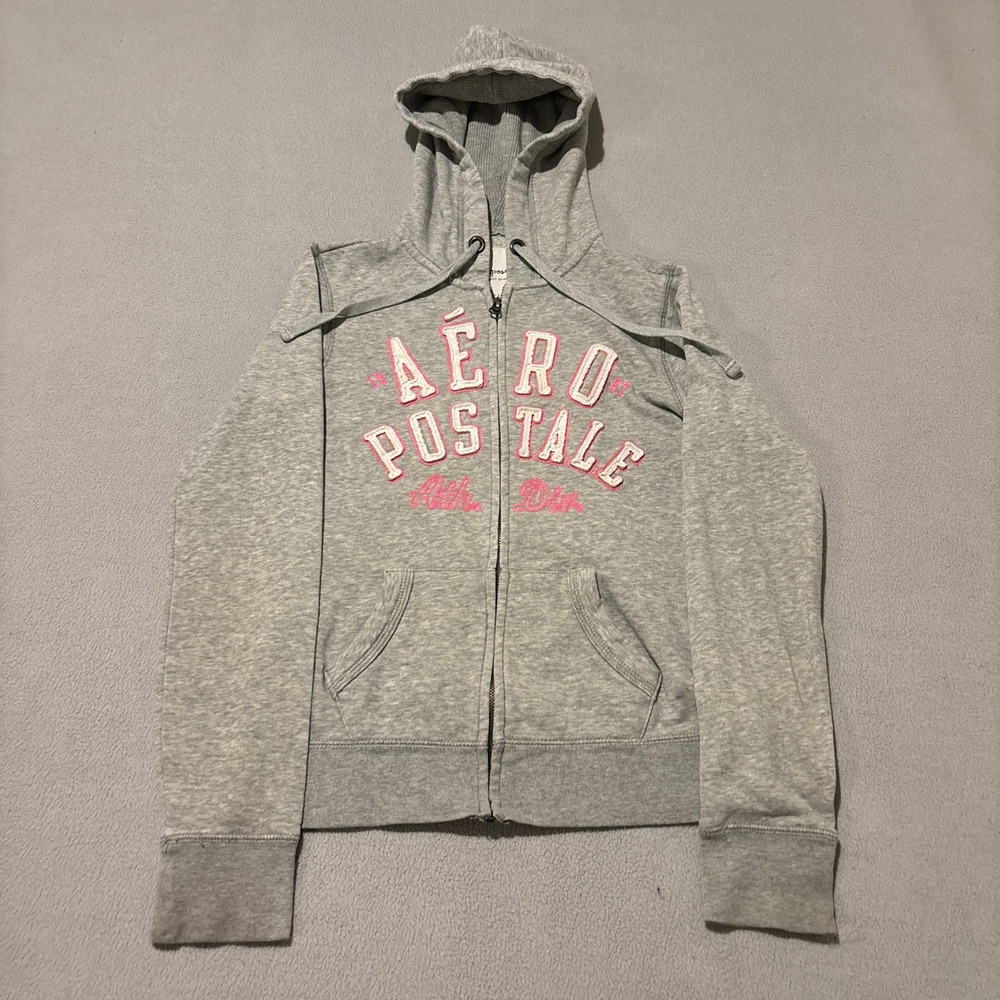 Aeropostale Womens Full Zip Hoodie Small Gray Pink Embroidered Logo Sweatshirt